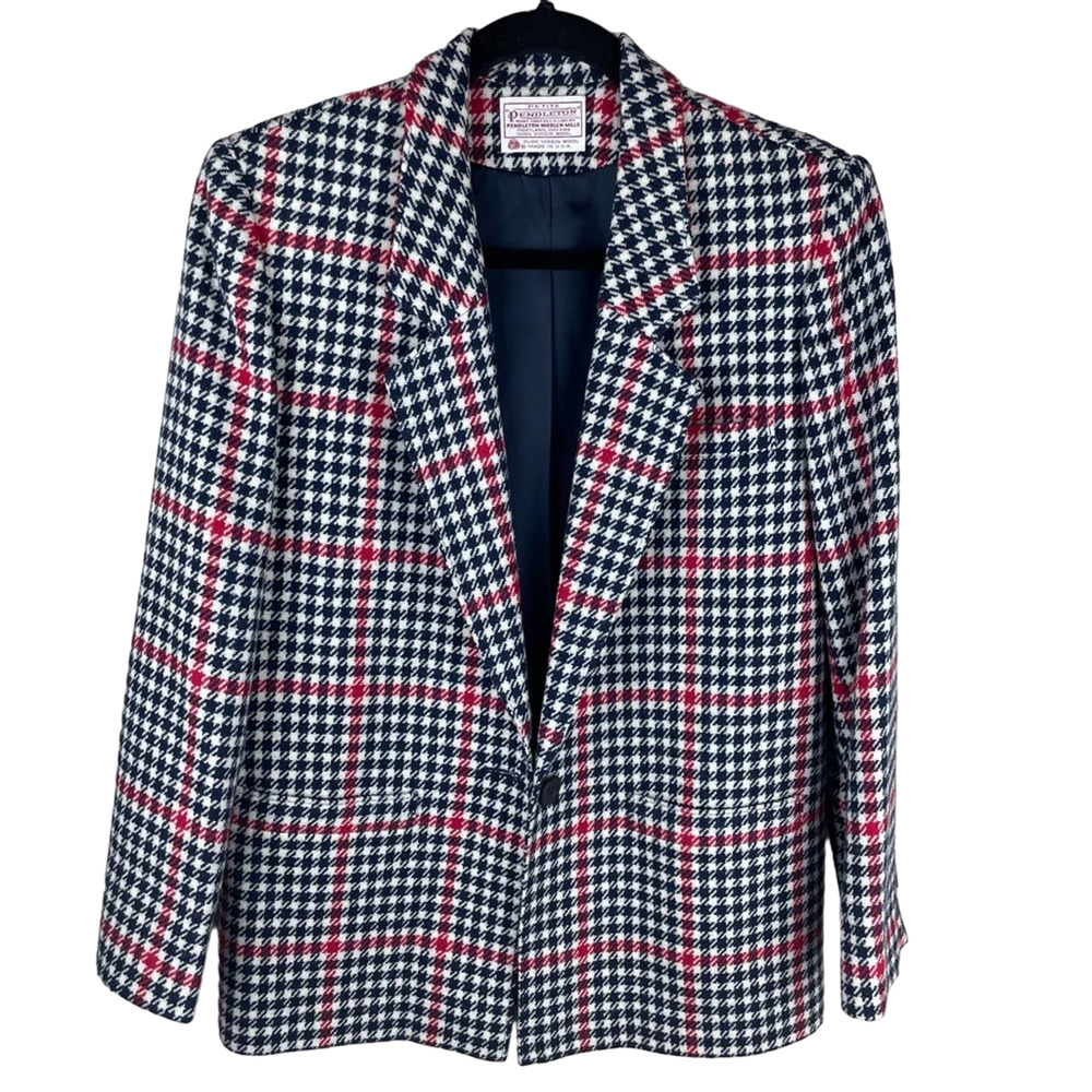 Pendleton Blazer Jacket Wool Houndstooth Navy Red… - image 1